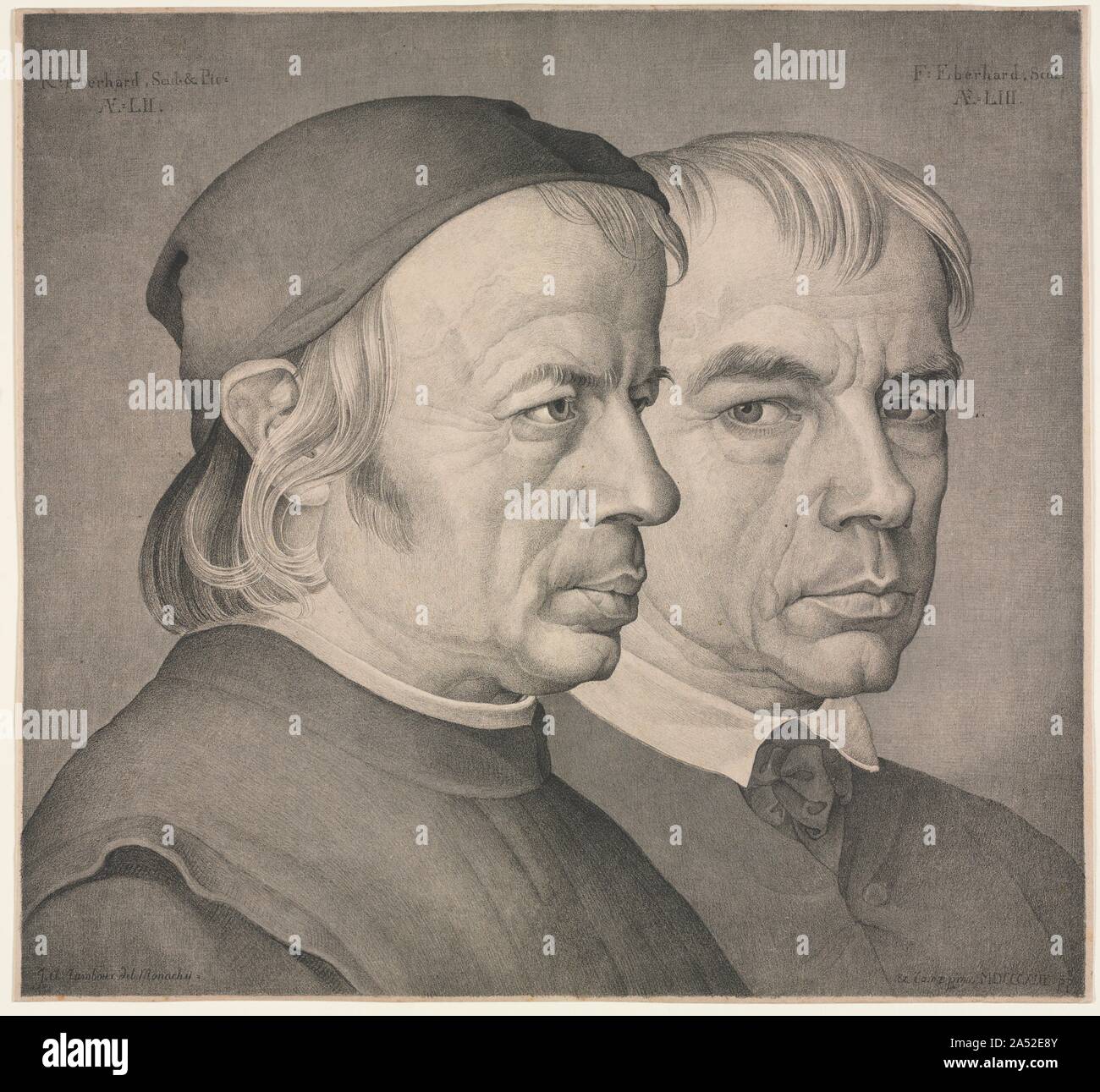 Les frères Eberhard, 1822. En 1822, Johann Anton Ramboux accompagné les frères Eberhard à Munich, où il a exécuté ce double portrait lithographie. Parce qu'il avait l'intention de l'imprimer pour être un cadeau pour les gardiennes, seul un petit nombre d'impressions ont été produites. Ce travail extrêmement rare est un excellent exemple de l'allemand au début de la lithographie, une technique qui avait été inventé en 1798. Ramboux, qui avait été l'élève du peintre français Jacques Louis David (1748-1825), a vécu à Rome entre 1816 et 1822. Il se lie d'un groupe d'artistes allemands qui avaient formé la Confrérie de Banque D'Images Les frères Eberhard, 1822. En 1822, Johann Anton Ramboux accompagné les frères Eberhard à Munich, où il a exécuté ce double portrait lithographie. Parce qu'il avait l'intention de l'imprimer pour être un cadeau pour les gardiennes, seul un petit nombre d'impressions ont été produites. Ce travail extrêmement rare est un excellent exemple de l'allemand au début de la lithographie, une technique qui avait été inventé en 1798. Ramboux, qui avait été l'élève du peintre français Jacques Louis David (1748-1825), a vécu à Rome entre 1816 et 1822. Il se lie d'un groupe d'artistes allemands qui avaient formé la Confrérie de Banque D'Images