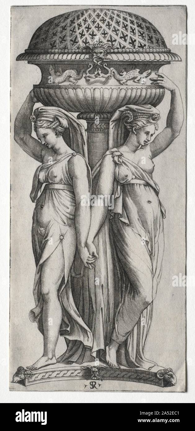 La Cassollette : les femmes à l'appui d'une urne, c. 1520-27. Imprime contribué à faire connaître les idées de conception et création d'un goût pour les objets de décoration et de styles, surtout lorsque revêtu d'insignes royaux. Adapté de l'architecture grecque, deux cariatides&# x2014;figures féminines drapées utilisés comme piliers&# x2014;tenez en altitude un brûleur d'encens ornementaux conçus par Raphaël à propos de 1515-20 pour le Roi Fran&# xe7;ois I (règne 1515-1547). Le lily" de fleurs de lis sur son couvercle, allusion à la monarchie Française. Les salamandres ornant le côté du navire de se référer spécifiquement à la Fran&# xe7;ois I, qui a choisi cet amphibien un Banque D'Images