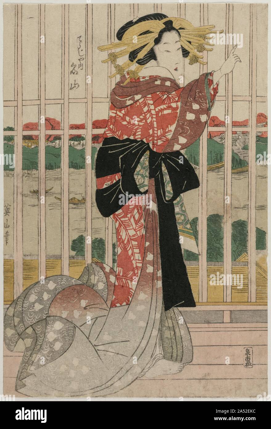 La courtisane de l'Chojiya Meizan sur un balcon donnant sur la rivière Sumida, ca. début ou au milieu des années 1820. Banque D'Images