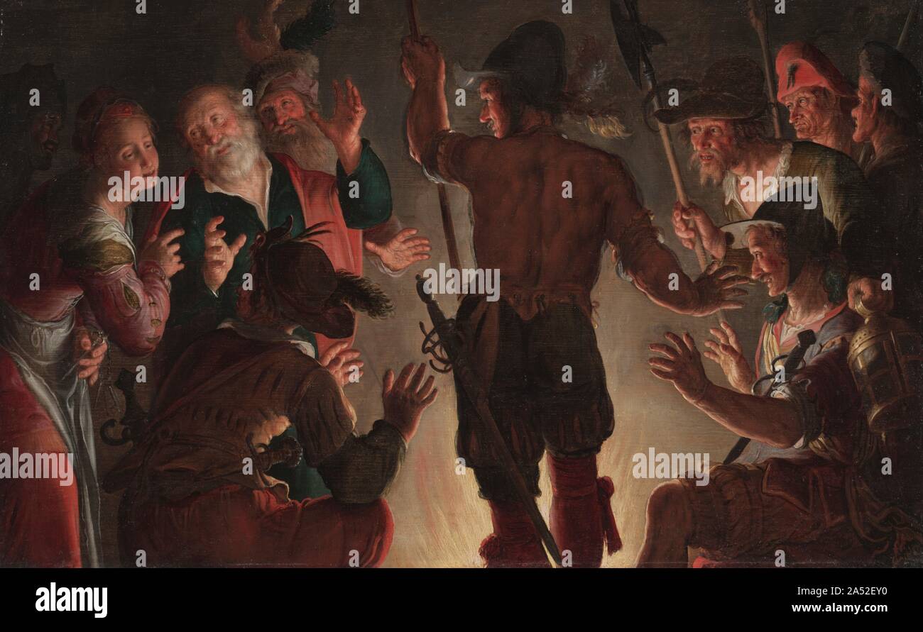 Le refus de Pierre, ch. 1624-1628. Wtewael dépeint le moment après la dernière Cène quand l'apôtre Pierre (à gauche) a nié connaître Jésus afin de se protéger de soldats romains à la recherche de disciples du Christ. Peu d'œuvres de cet artiste sont connus, et il s'appuie sur une combinaison inhabituelle de styles. L'utilisation dramatique de la lumière provient de Dutch adeptes du peintre italien Caravaggio, dans vogue autour de 1625, alors que la torsion, vue saisissante, et faible serré détaillant proviennent d'un plus raffiné, plus mode courtois populaires au début du siècle. Banque D'Images