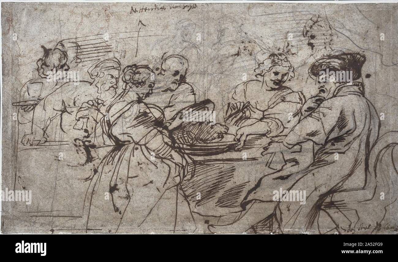 La fête d'Hérode, ch. 1637-1638. Au cours des années 1600, les dessins sont indispensable dans les grands studios. En plus d'être la préparation de tableaux, ils ont été utilisés par les assistants à l'aide de studio master et ont été copiés par les élèves. D'une extrême prudence, Rubens gardé ses dessins comme studio secrets à des concurrents qui pourraient exploiter pour leurs propres compositions. Frappant dans son instantanéité, ce dessin est une étude préparatoire pour une peinture maintenant à la Scottish National Gallery d'Edimbourg. Hérode, portant un grand chapeau et enveloppé dans un manteau, se rétrécit en horreur que Salomé découvre un chargeur tha Banque D'Images