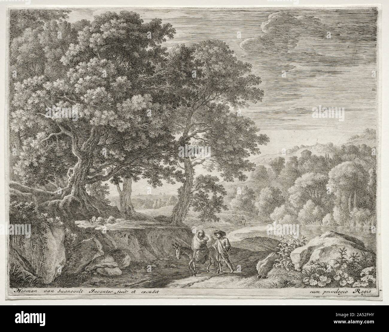 La Fuite en Égypte, ch. 1652-1654. Cette série par Herman Swanevelt, La Fuite en Égypte, illustre un événement du Nouveau Testament de la Bible. Joseph, Marie, et le Christ s'enfuit en Égypte pour échapper à la persécution du roi Hérode. Traditionnellement représentée comme une seule image, Swanevelt grande l'histoire en quatre scènes. La sainte famille est présentée pour la première fois voyager avec trois anges derrière eux, puis Joseph Marie permet de désactiver l'âne, Joseph suivant l'âne conduit à l'eau comme Mary change l'enfant et, enfin, la famille est au repos. Cependant, le principal objectif de chacune de ces estampes est la représentation de l Banque D'Images