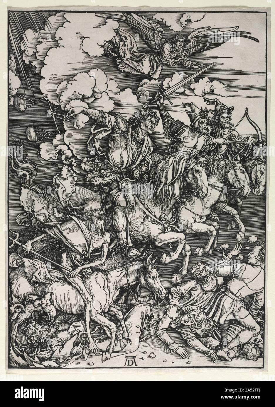 Les quatre Cavaliers, de l'Apocalypse, ch. 1498. En 1498 D&# xfc;rer a publié un livre illustrant l'Apocalypse de Jean ou l'Apocalypse de Jean, dernier livre du Nouveau Testament. Les images ont été uniques dans leur grande échelle, l'ampleur de concept, et l'unité de conception. Le premier livre à être publié et illustré par l'artiste, il est composé d'une page de titre et 15 gravures sur bois avec des feuilles d'un texte sur le verso de toutes les feuilles sauf la dernière. Souvent visibles à travers le papier, le texte mars l'image sur le recto de la feuille. Les meilleurs impressions étaient le plus souvent sans texte imprimé Banque D'Images