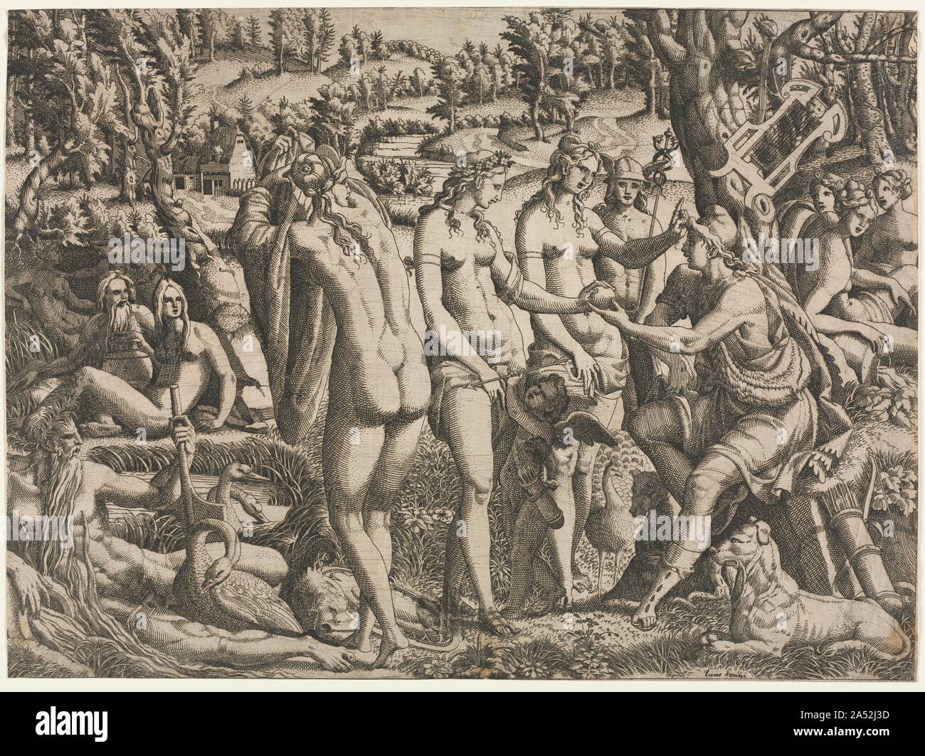 Le jugement de Paris, ch. 1545. Paris était un berger qui a été appelée à déterminer laquelle des trois déesses (Junon, Minerve, ou Vénus) était la plus belle. Ce concours de beauté mythologique a conduit à la guerre de Troie. Banque D'Images