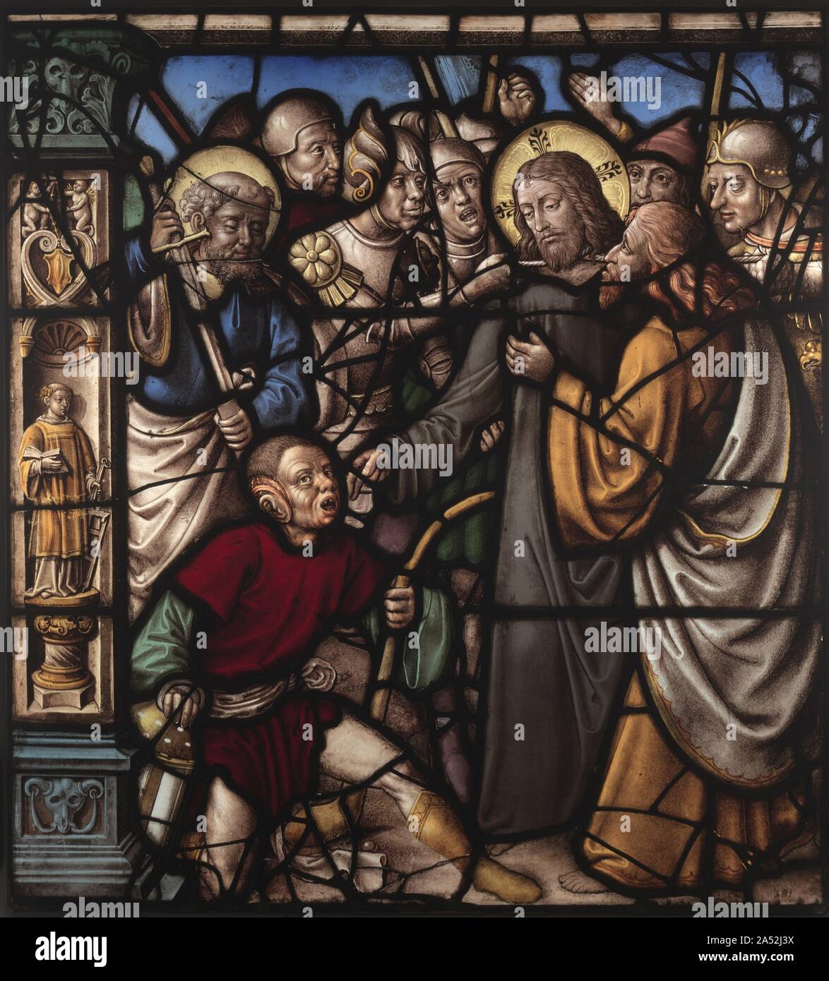 Le baiser de Judas, 1522-1526. Ces deux vitraux décoratifs appartenait à un vaste programme de l'Ancien et du Nouveau Testament qui, à l'origine décoré de sujets le cloître de l'abbaye cistercienne de Mariawald, près de Cologne. L'original de la vitre à Mariawald impliqués fenêtres constituées de deux ouvertures. Chacun comprenait trois grands panneaux de verre et d'un plus petit panneau remplages. Deux scènes dans chaque fenêtre de l'Ancien Testament (les sujets représentés ci-dessous) et le Nouveau Testament (ci-dessus). Au-dessus du récit biblique étaient plus petits panneaux messenger panneaux représentant des prophètes avec volutes. À Banque D'Images