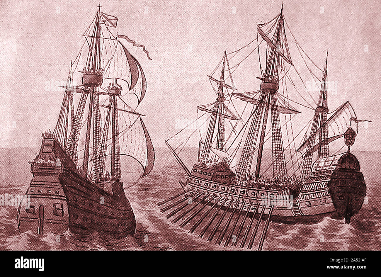 Une vieille illustration d'un Galion espagnol par rapport à un Galleas ont ramé (par les esclaves) Banque D'Images