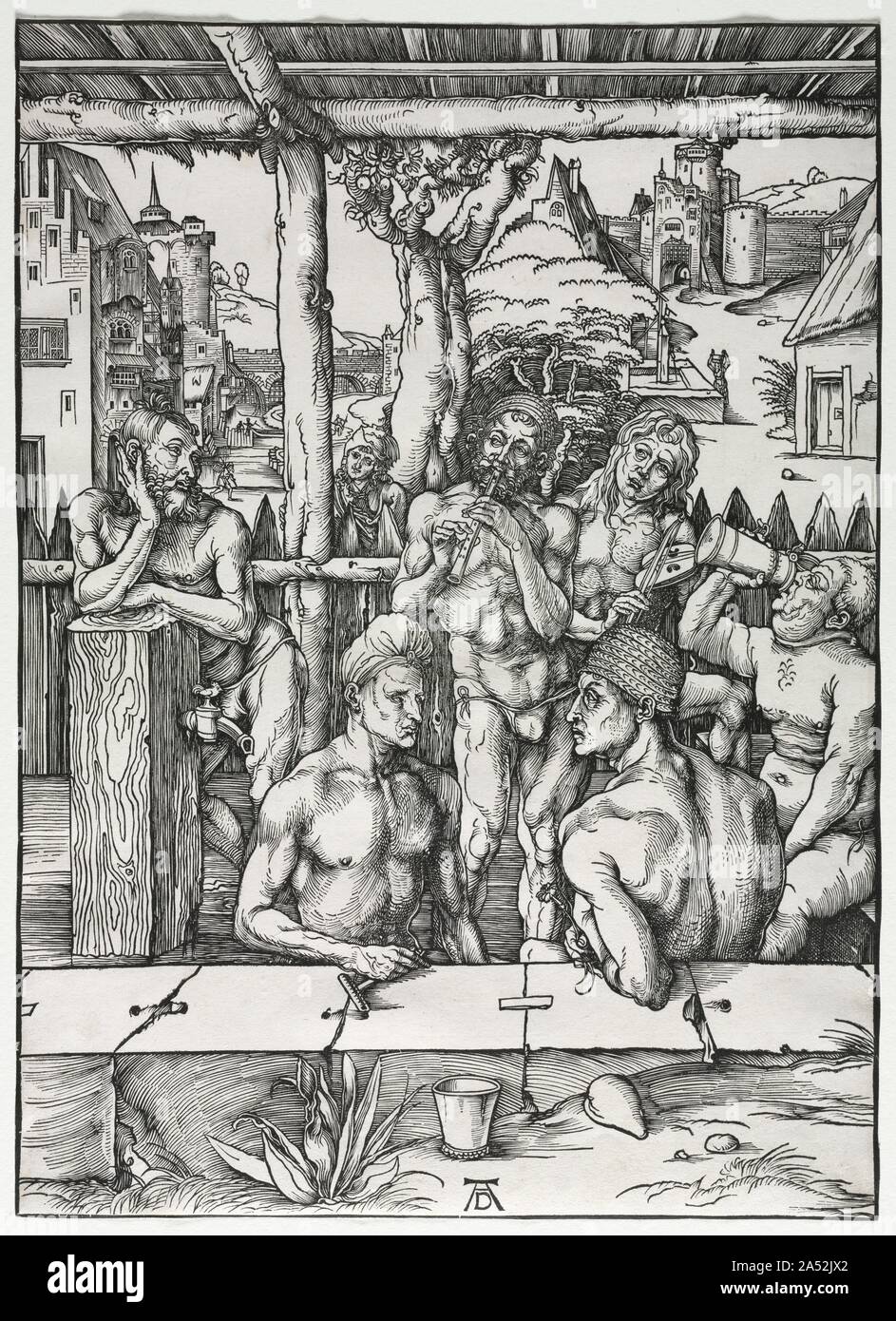 Le Men's Bath House, ch. 1496-1497. Les hommes&# x2019;s Bath House pourrait être une simple scène de genre ou être interprété comme une allégorie. Les baigneurs pourraient représenter les quatre tempéraments, dont chacun fait l'objet d'un traitement approprié pour : purgatives, la morosité mélancolique figure appuyée sur le poste à l'écoute de la musique de gauche ; pour l'atonie flegmatique, la figure de droite boit du vin ; pour l'irascible la cruauté, la figure dans le premier plan à gauche vient frotter lui-même avec une dague couteau ; et pour la sensualité, la sanguine figure à droite au premier plan inhale le parfum d'une fleur. D&# xfc;rer pr Banque D'Images