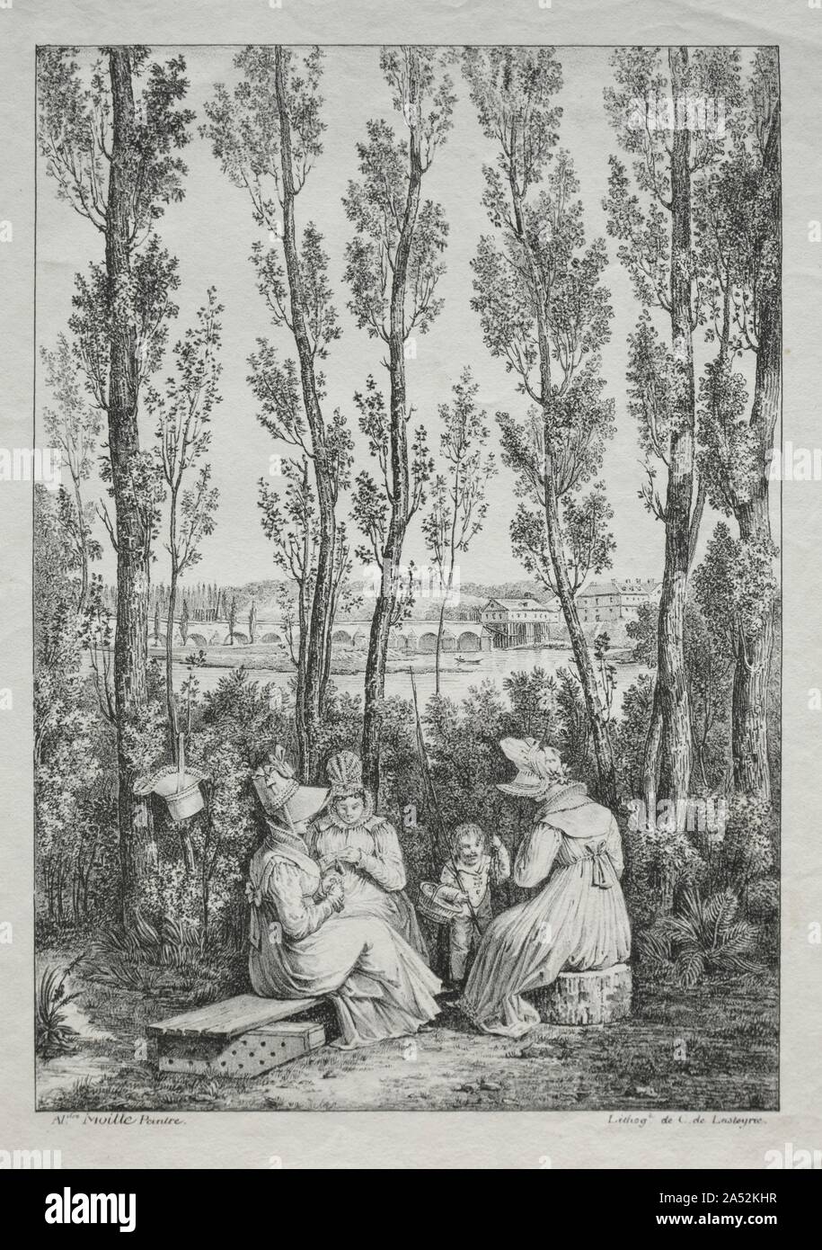 Le Pique-nique. La lithographie n'ont vraiment en cours en France jusqu'à 1816 quand Lasteyrie et Godefroy Engelmann, toutes deux ayant suivi une formation dans l'atelier de la lithographie inventeur Alois Senefelder (1771-1834) en Allemagne, a ouvert des établissements lithographiques à Paris. Antoine-Jean Gros et Carle et Horace Vernet ont été parmi les premiers artistes engagés par Lasteryrie et Godefroy pour dessiner des dessins originaux sur la pierre lithographique. Banque D'Images