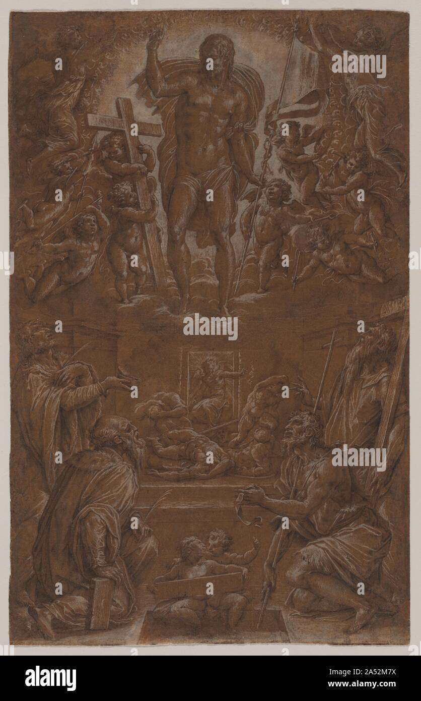 Le Christ ressuscité adoré par les Saints et les Anges, 1566-1568. Ce rare, fini le dessin de présentation par Vasari, appelé un modello , a été faite par l'artiste de montrer son patron les plans définitifs d'un retable peint. Vasari's composition faisait partie d'un mouvement du 16ème siècle à rénover les églises de Florence, ce culte à les rendre plus accessibles à la congrégation. Dans la zone supérieure du modello et retable final, chérubins et deux anges flanquent le Christ ressuscité. Debout et à genoux de gauche à droite ci-dessous sont : Saints Côme et Damien, Saint Jean le Baptiste, et Saint André. De plus Banque D'Images