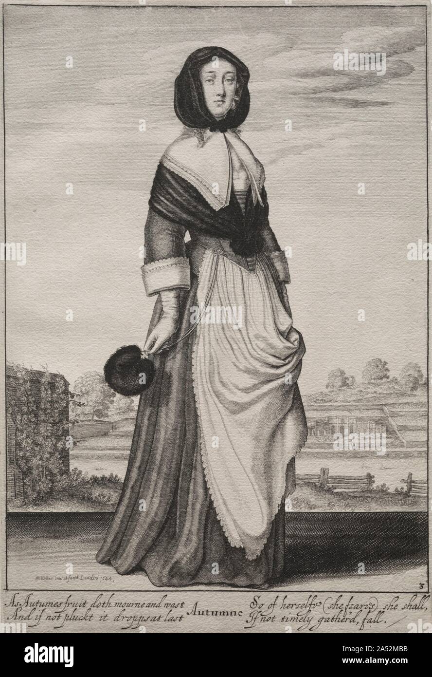 Les saisons : Automne, 1643-1644. Par pas de temps, tels que les saisons, ont été l'un des sujets les plus populaires pour les jeux imprimés. Wenceslaus Hollar seul faite six versions différentes. Hollar était un graveur professionnel avec plus de 3 000 impressions à son crédit. Né en Bohême, il a travaillé en Allemagne, Londres et d'Anvers. Il est arrivé à Londres en 1636 alors que dans l'emploi du comte d'Arundel, un important collecteur qui Hollar a rencontré en Allemagne. Apparemment libres de poursuivre des projets indépendants, Hollar conçu et gravé cette série autour de 1643-44. Ici, chaque saison est personnifié par élégamment vêtu mesdames, Banque D'Images