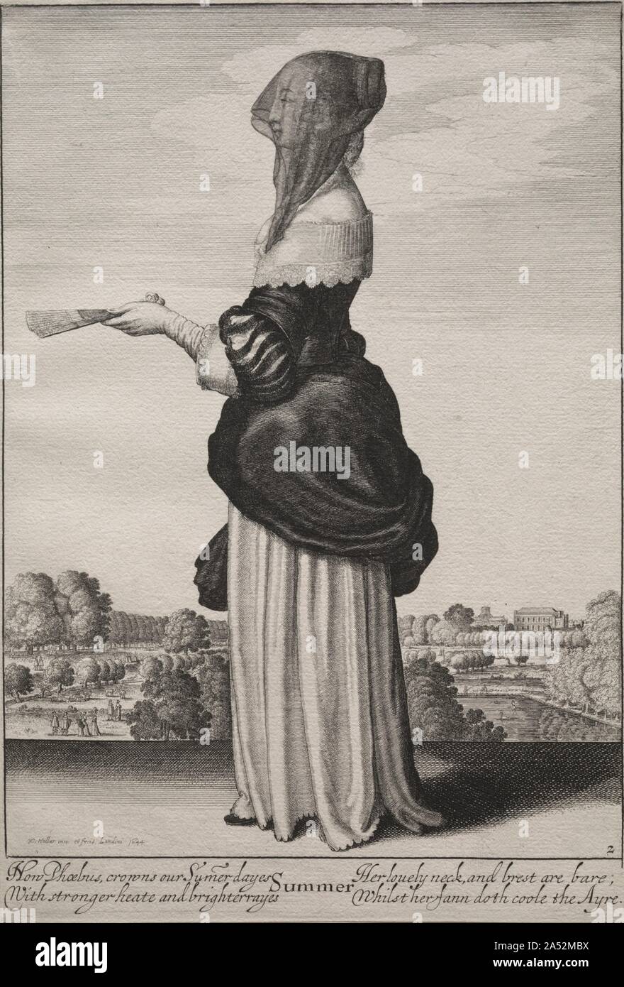 Les saisons : été, 1643-1644. Par pas de temps, tels que les saisons, ont été l'un des sujets les plus populaires pour les jeux imprimés. Wenceslaus Hollar seul faite six versions différentes. Hollar était un graveur professionnel avec plus de 3 000 impressions à son crédit. Né en Bohême, il a travaillé en Allemagne, Londres et d'Anvers. Il est arrivé à Londres en 1636 alors que dans l'emploi du comte d'Arundel, un important collecteur qui Hollar a rencontré en Allemagne. Apparemment libres de poursuivre des projets indépendants, Hollar conçu et gravé cette série autour de 1643-44. Ici, chaque saison est personnifié par élégamment vêtu mesdames, Banque D'Images