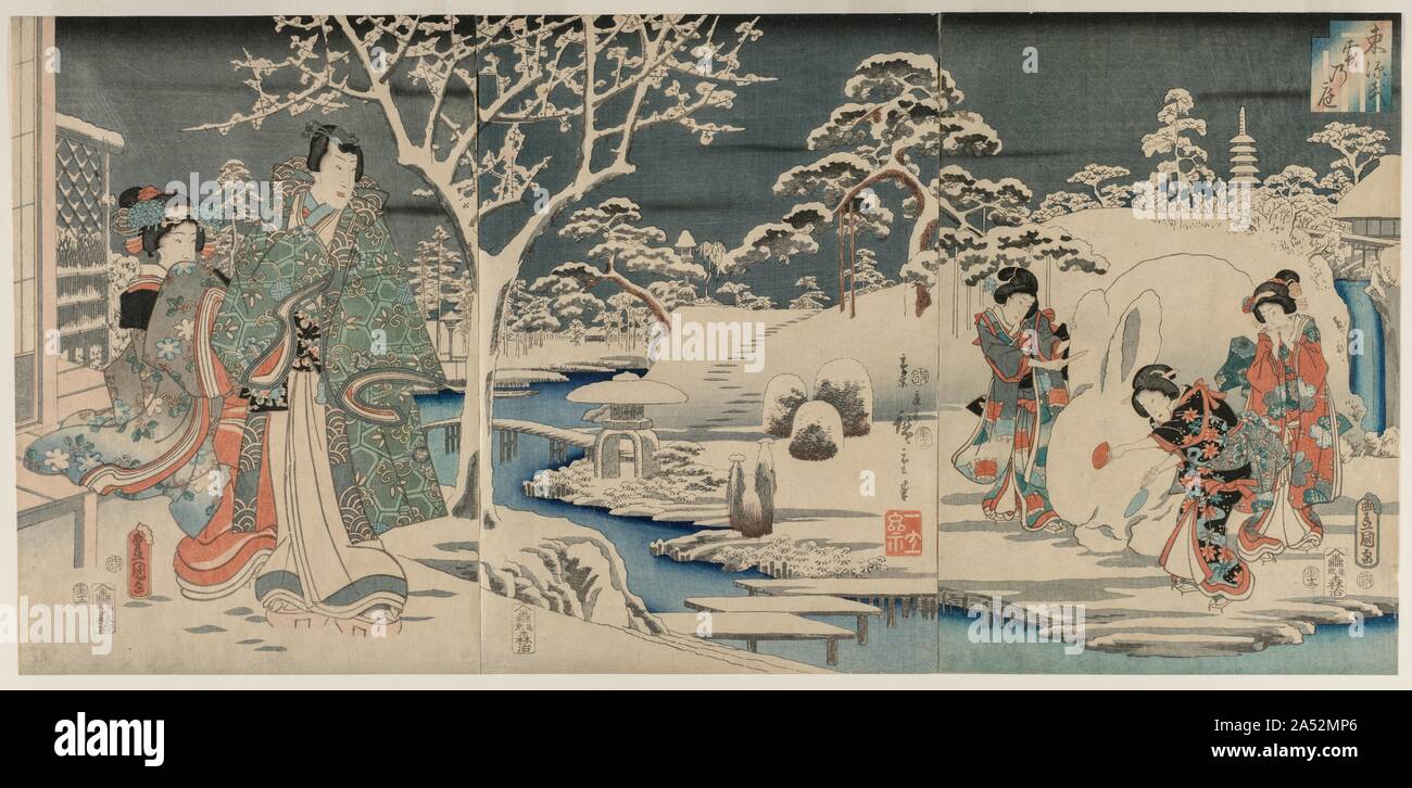 Le jardin enneigé, 1854. Ces estampes illustrent un épisode d'un Genji rustique, un roman graphique japonais basé sur le classique du 11e siècle Le Dit du Genji. Trois servantes font un lapin de neige géantes tandis que la protagoniste d'un cadre rustique, Jiro Mitsuuji Ashikaga Genji, se dresse dans la neige avec une femme qui est peut-être son amant. Caractéristiques stylistiques nous disent que Utagawa Kunisada était responsable pour les figures et le lapin de neige géantes et Utagawa Hiroshige a conçu le paysage en arrière-plan. Cette collaboration&# x2014;les deux artistes signés les impressions&# x2014;sur un Genji-travaux connexes visant un plus large Banque D'Images