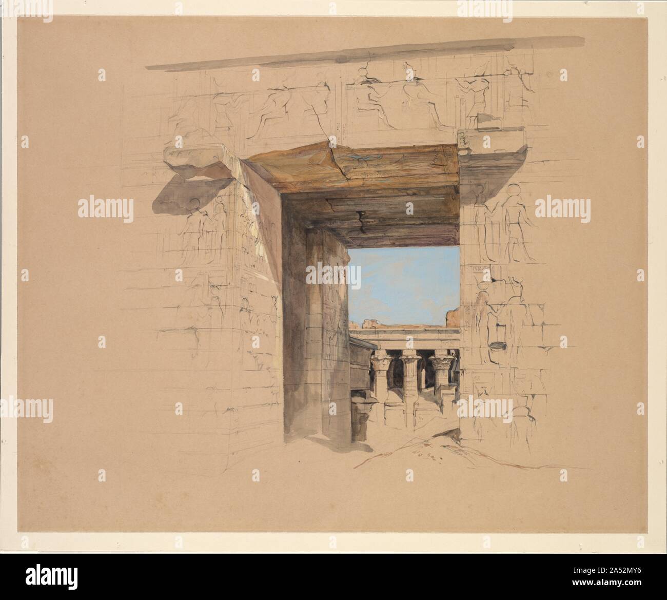 Le Temple d'Edfou : La porte du pylône, 1850. Cette récente acquisition notable est l'œuvre de John Frederick Lewis, qui établi au Caire en 1841 et est resté pendant près d'une décennie. Il a fait ce dessin sur une expédition jusqu'au Nil qu'il a eu avec sa femme en 1849-1850, autour du même temps que les premiers photographes sont arrivés en Egypte. A cette époque,le complexe du temple à Edfou était enfouie à une profondeur de près de 40 pieds. Lewis&# x2019;s aquarelle rend les ruines soigneusement et enregistre l'inscription hiéroglyphique,mais transcende description archéologique pour évoquer le plaisir de découvrir et d'exploration Banque D'Images