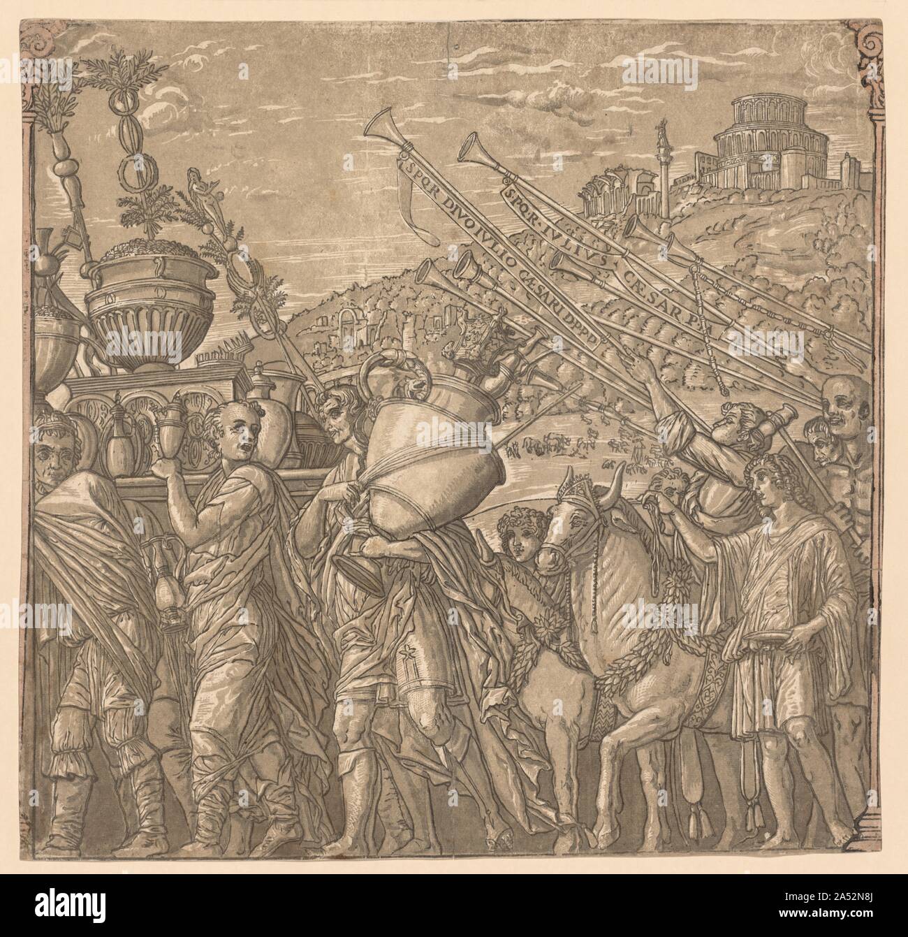 Le Triomphe de Jules César : soldats transportant des vases, 1593-99. Commandé par le duc Vincenzo Gonzaga, cette série de gravures sur bois de clair-obscur reproduit Andrea Mantegna&# x2019;s triomphe de Jules César , a peint un siècle plus tôt. Les scènes d'imagination dépeindre le cortège triomphal du célèbre général romain et consul Jules César après sa victoire en défaite de la Gaule en 52 avant JC. Chaque section de la frise continue présente des éléments typiques de ces défilés, sanctionné par le Sénat romain et décrites dans des textes anciens. La suite imprimé&# x2019;s frontispice dispose d''un buste Banque D'Images