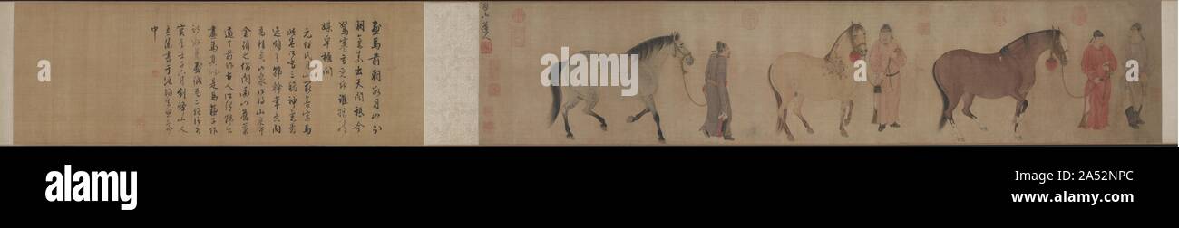 Trois chevaux et quatre palefreniers, c. 1320s. S Renfa's horse images sont en apparence élégante et vigoureuse dans l'esprit. Son travail a attiré non seulement les érudits chinois mais aussi les Mongols à la cour impériale. Inspiré par l'intérêt des chercheurs contemporains dans la restauration d'un sens de l'antiquité dans l'art&# x2014;une direction artistique menée par Zhao Mengfu qui a exercé une grande influence dans la scène artistique Yuan&# x2014;s Renfa, Zhao Mengfu, modélisé comme ses représentations de chevaux après la Chanson master Li Gonglin. Un autre élément clé que Ren a introduit le style de ce genre fut un renouveau de l'Tang traditio classique Banque D'Images