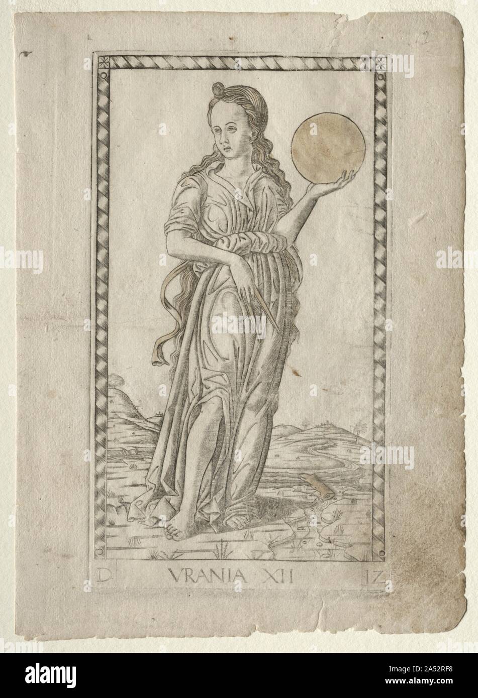 Uranie (astronomie) (à partir de la série Tarocchi D : Apollon et les Muses, # 12), avant 1467. Dans la mythologie grecque, les Muses étaient les déesses qui a présidé les différentes branches des arts et des sciences. Ils étaient les neuf filles de Zeus, roi des dieux, et de Mnémosyne, la déesse de la mémoire. Apollon, le dieu de la lumière, de la musique, de la prophétie, et la poésie était leur chef. Banque D'Images