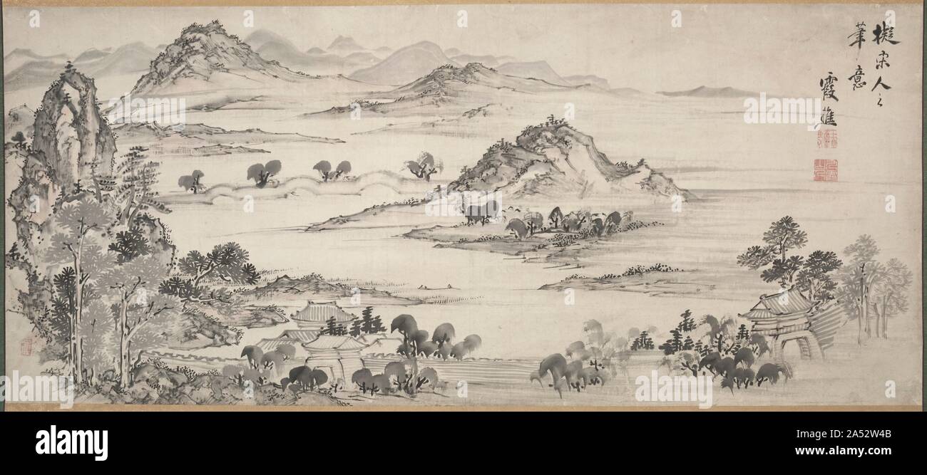 Vue sur le lac de l'Ouest, années 1700. Lac de l'ouest près de Hangzhou, Chine, était un endroit privilégié par l'élite de la Corée et du Japon, même s'ils n'avaient jamais été là. Lac de l'Ouest est légendaire pour de célèbres poètes chinois : Tang poète Bai Juyi (772-846) et Song scholar Su Shi (1037-1101) a vécu dans son voisinage, et la chanson poète Lin Bu (967-1028) a mené une vie solitaire, ayant des grues et fleurs de prunier comme ses seuls compagnons sur la colline solitaire près du lac. Peintures de paysage de lac de l'Ouest a gagné en popularité au Japon dès la période Muromachi. Durant la période Edo, Taiga Ike, un membre fondateur, peintre literati contesté Banque D'Images