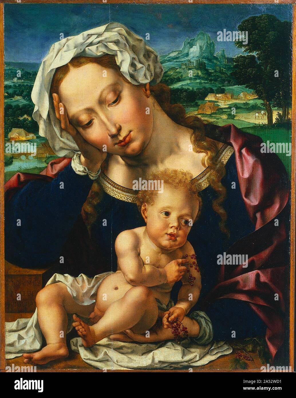Vierge à l'enfant dans un paysage, 1531. Parmi les premiers artistes du nord de l'Europe pour étudier à Rome, Gossaert est retourné au nord pour servir dans divers tribunaux flamands et allemands, incorporant les idées de la Renaissance italienne. Gossaert a également peint le châssis, y compris l'inscription latine : "Mère, votre contemplation peut être notre réconciliation." Le patron est probable Menc&# xe;un de Mendoza, un noble espagnol, l'un des plus importants collectionneurs d'art et d'intellectuels du début des années 1500. Banque D'Images