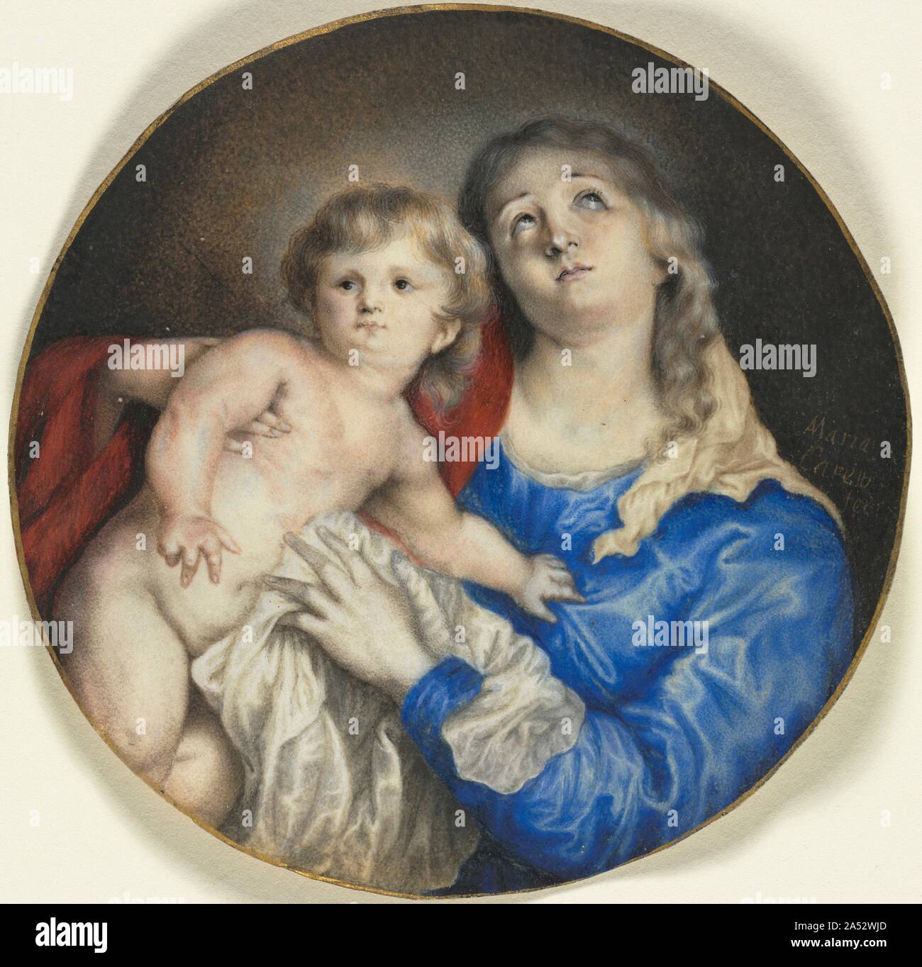 Vierge à l'enfant, ch. 1662. Plus grande taille que la plupart des miniatures, de la Vierge et l'enfant par Anna Maria Carew est une miniature du cabinet, ou un petit travail sur vélin, émail, ivoire ou que des copies d'une peinture à l'huile. Dans ce cas, la peinture originale a été par l'artiste flamand Anthony Van Dyck, et gravé par Paulus Pontius autour de 1630 peu de temps après il a été peint. Comme une miniature du cabinet, ce travail est un peu particulier en raison de son sujet religieux et sa simplicité. Miniatures du cabinet avaient tendance au lieu de reproduire des peintures de sujets dramatiques et épisodes dominants dans les mythes religieux ou s Banque D'Images