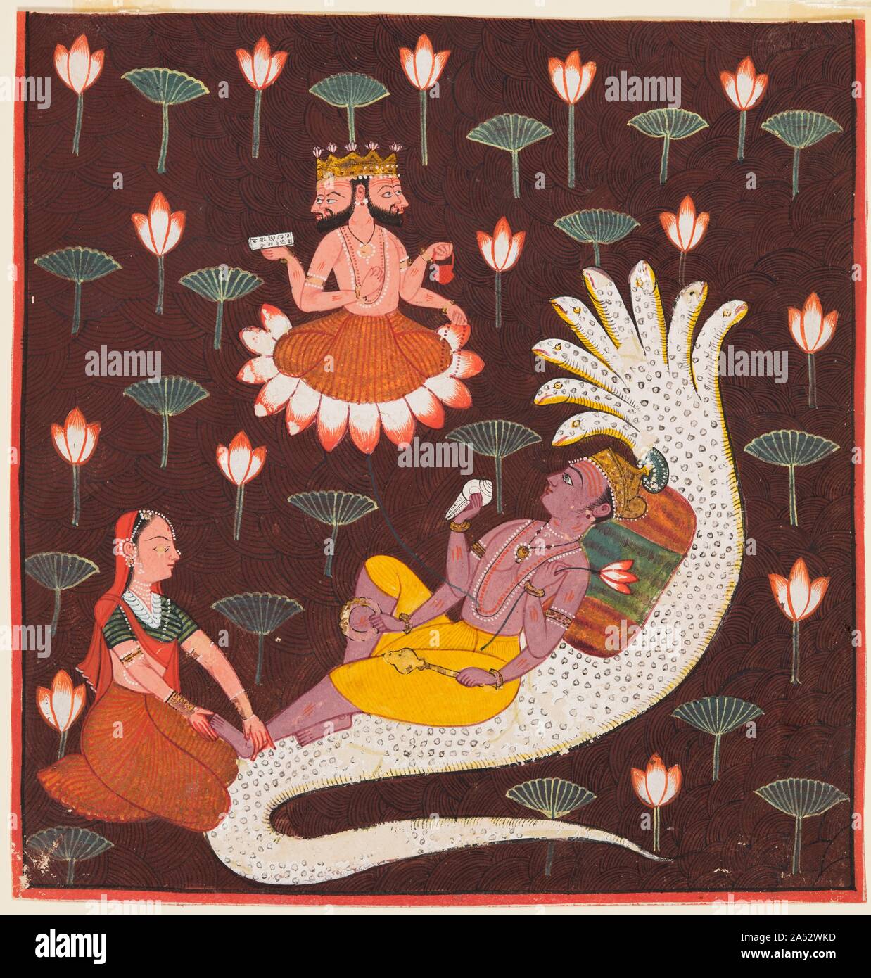 Vishnu sur Ananta, le serpent sans fin, c. 1700. Avant la création du monde, le dieu Vishnu s'était endormi sur le serpent Ananta, flottant sur l'océan cosmique. Quand le moment est venu pour lui de créer le monde, Vishnu&# x2019;s femme Lakshmi se réveilla doucement en massant ses pieds. Puis, sur son nombril émergé une fleur de lotus, et Vishnu a donné naissance à Brahma, le dieu de la création. Comme les plantes qui poussent dans l'eau, les fleurs de lotus indiquent la présence de l'eau, et dans cette peinture qu'ils sont audacieusement réparties sur un fond brun profond avec panier-tissent les motifs. Banque D'Images