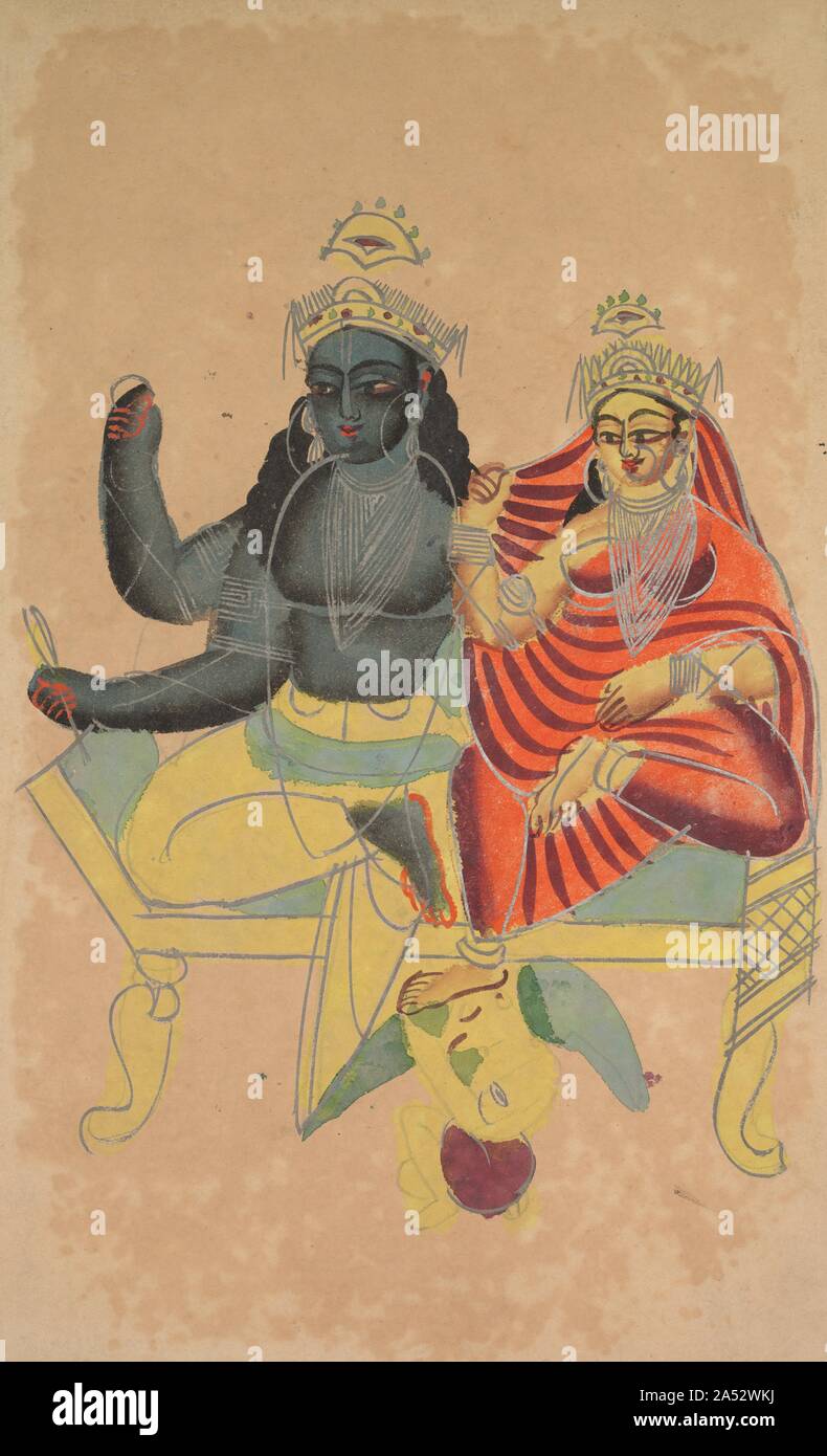 Vishnu et Lakshmi, années 1800. Vishnu dans sa forme (à quatre bras est représenté assis avec sa parèdre Lakshmi (déesse de la richesse) alors que son véhicule, l'aigle, s'agenouille devant lui. Banque D'Images
