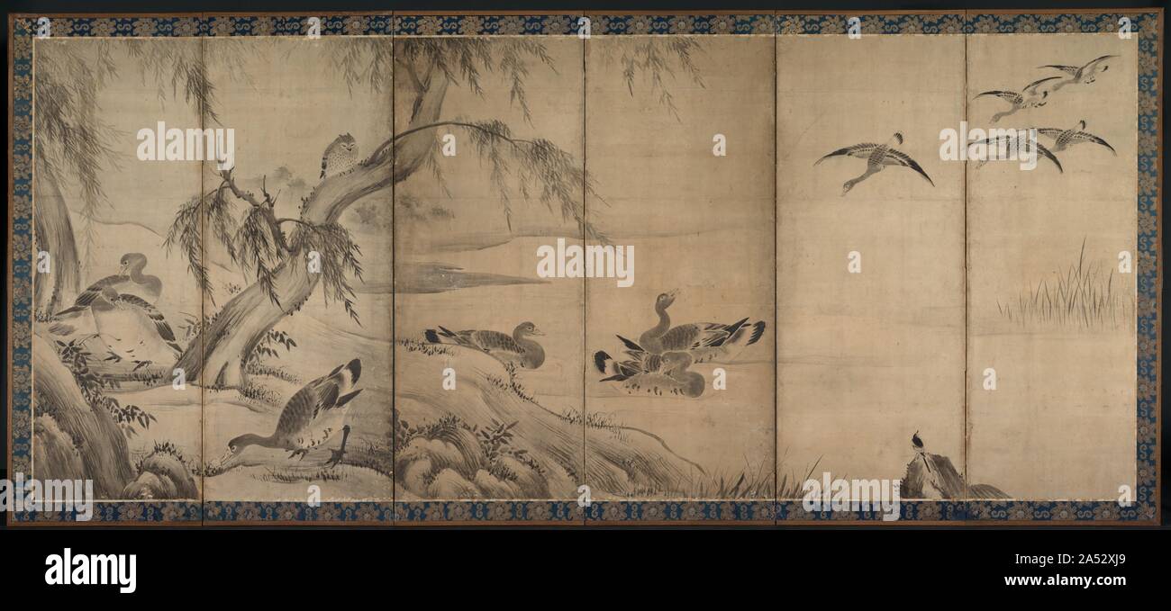 Les oies sauvages, fin des années 1500-début des années 1600. Les représentations de neiges apparaissent généralement comme des peintures d'encre au Japon pendant les années 1200. Ils ont plus tard dans les paysages colorés de l'illustre handscrolls. Ces restitutions d'encre au début des oiseaux ont été longtemps associés à la peinture zen chinois classique et de la poésie, qui a été d'avides d'admiration et recueillies dans le Japon médiéval. Dans l'affichage sur les écrans, l'artiste dépeint la sauvagine dans un cadre bucolique sans référence à la musique classique ou des thèmes religieux. De tels sujets ordinaires soient pénétrés d'une signification spéciale dans les 14ème et 15ème siècle au Japon par associa Banque D'Images