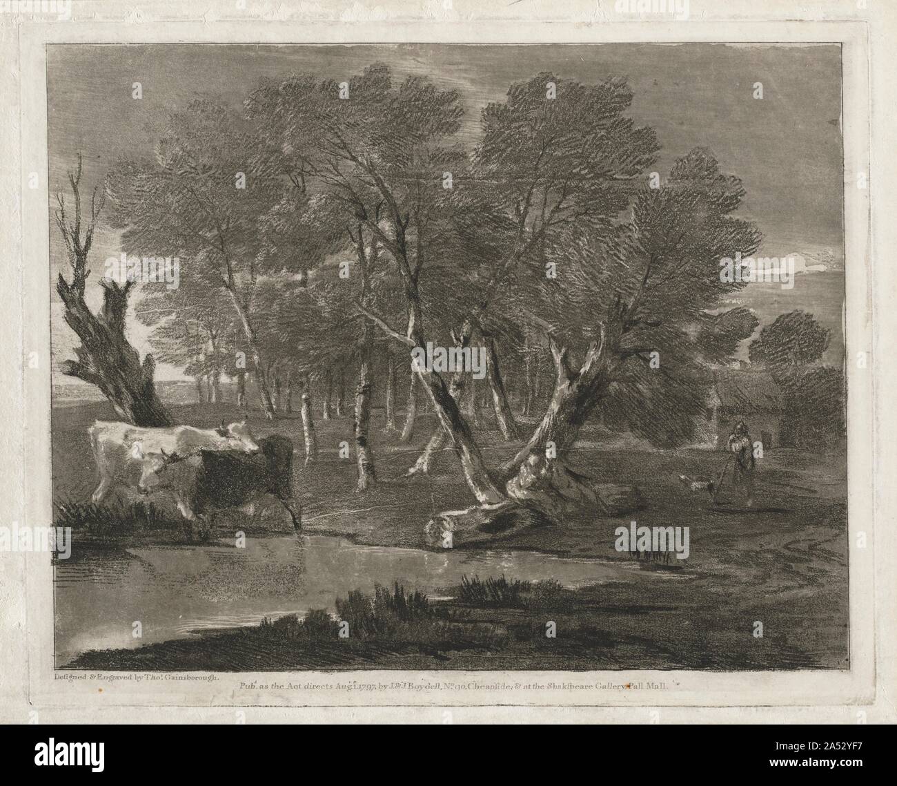 Paysage boisé avec des vaches à côté d'une piscine, chiffres et cabane , publié en 1797. Gainsborough a été l'un des premiers artistes français à tenter œuvre originale en utilisant les techniques de l'aquatinte nouvellement inventé et soft-sol eau-forte. Son traitement presque impressionniste de ces nouveaux médias est parfaitement en accord avec sa craie, crayon, et lavé des croquis du paysage. La fraîcheur et la vitalité de Gainsborough&# x2019;s de l'Estampe originale, tous publiés à titre posthume, les placer parmi les plus grands de tous les Anglais d'origine estampes. Banque D'Images