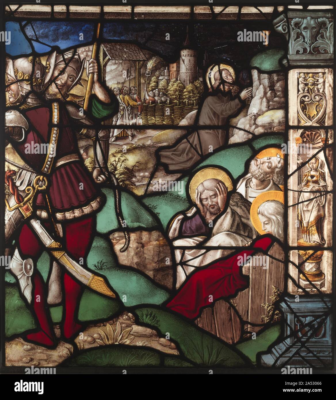 Le Christ au Jardin de Gethsémani, 1522-1526. Ces deux vitraux décoratifs appartenait à un vaste programme de l'Ancien et du Nouveau Testament qui, à l'origine décoré de sujets le cloître de l'abbaye cistercienne de Mariawald, près de Cologne. L'original de la vitre à Mariawald impliqués fenêtres constituées de deux ouvertures. Chacun comprenait trois grands panneaux de verre et d'un plus petit panneau remplages. Deux scènes dans chaque fenêtre de l'Ancien Testament (les sujets représentés ci-dessous) et le Nouveau Testament (ci-dessus). Au-dessus du récit biblique étaient plus petits panneaux messenger panneaux représentant des prophètes Banque D'Images