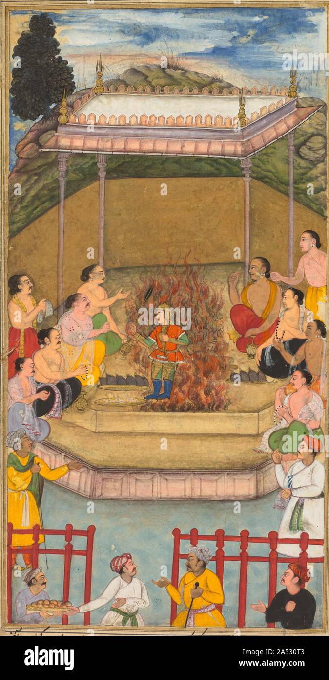 Yaja et Upayaja effectuer un sacrifice pour l'émergence de Dhrishtadyumna de l'incendie, de l'Adi-parva (volume 1) de l'Razm-nama (livre de guerres) adapté et traduit en persan par Mir Ghiyath al-Din Ali Qazvini, connu sous le nom de Khan Naqib (persan, d. 1614) du sanscrit Mahâbhârata, 1598. Sacrifice d'incendie était au centre de la population indo-européenne qui est entré dans le sous-continent indien dès 1800 BC. Seuls les brahmanes, une classe sociale des prêtres, avaient accès à des textes sacrés appelés les Védas, qui a expliqué le sens et le processus de l'incendie de sacrifice, considéré par les Hindous orthodoxes comme un moyen Banque D'Images