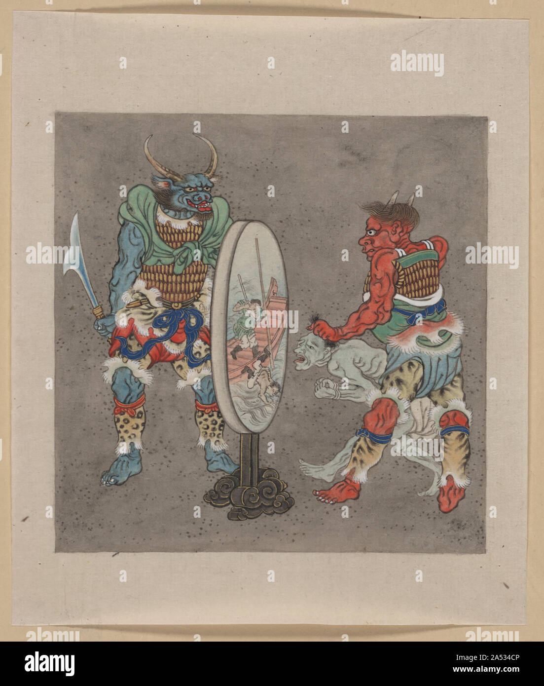 Deux figures mythologiques hindoues ou bouddhistes, l'un tenant un prisonnier et lui montrant une image dans un miroir magique d'un homme tombant d'un bateau au cours d'un combat Banque D'Images