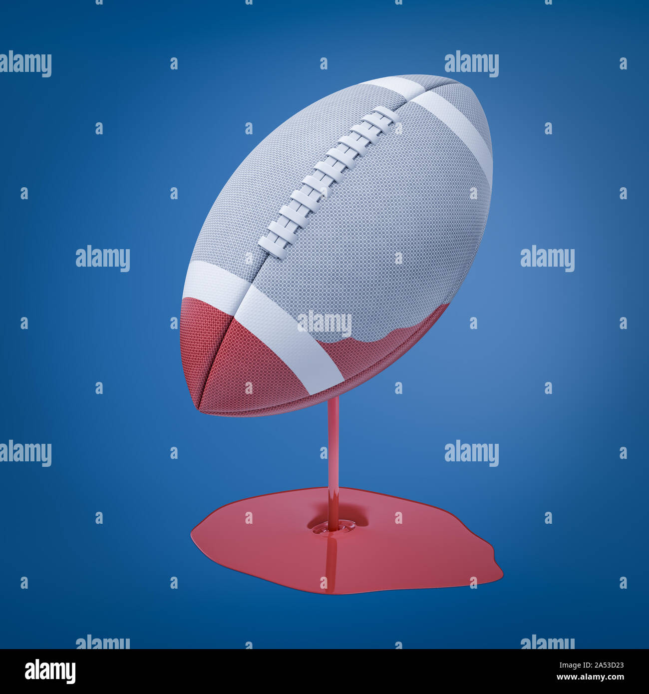 Le rendu 3D d'un gris-ballon ovale pour le football américain qui a été trempé dans de la peinture rouge qui est encore dégoulinant et formant une flaque. Banque D'Images