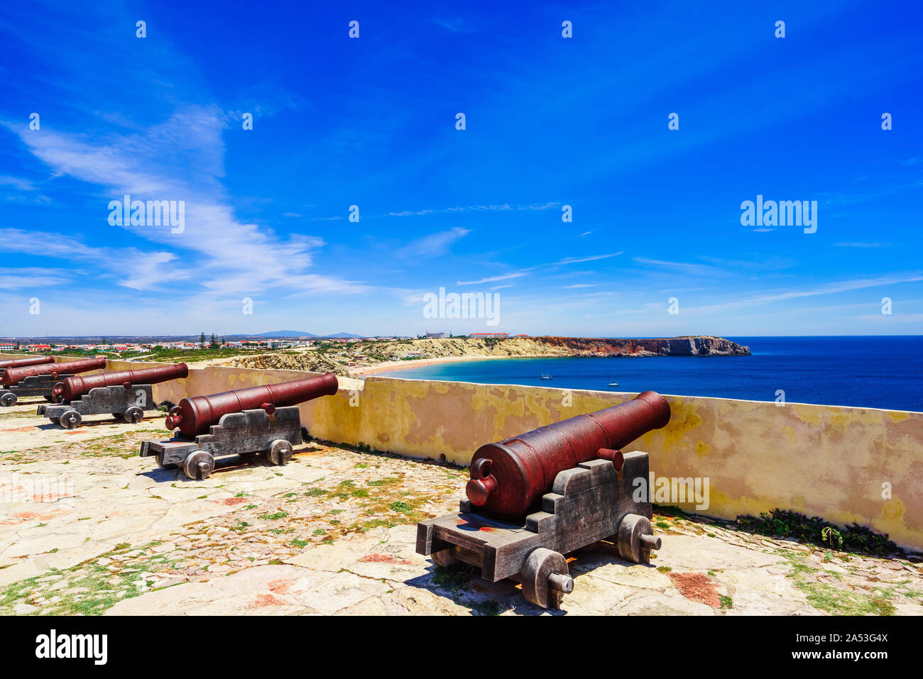 Avis sur des canons de la forteresse de Cabo de S. Vicente, Sagres, Portugal Banque D'Images