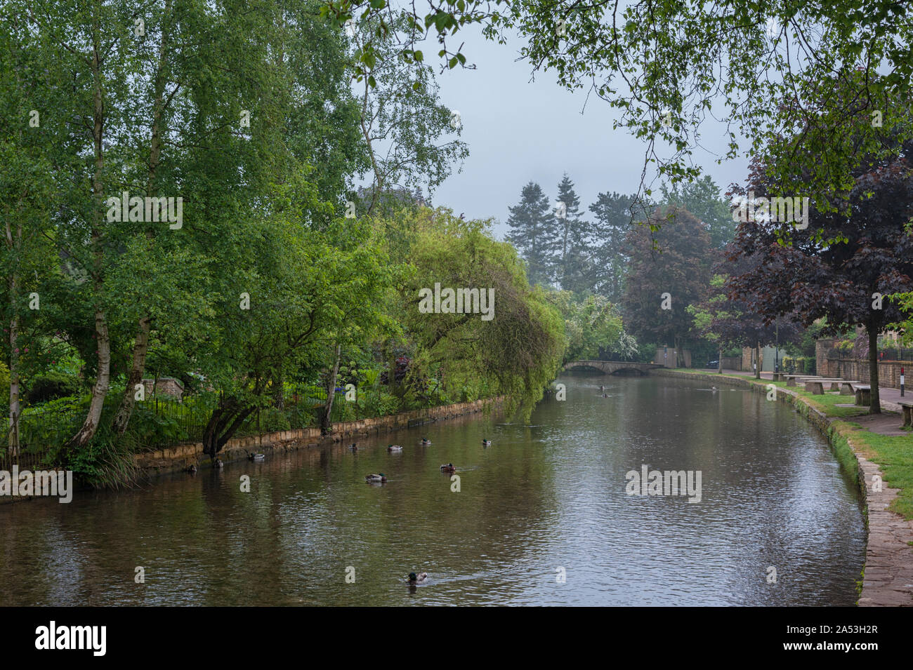 Passerelle en pierre de l'autre côté de la rivière Windrush en Bourton-on-the-water, également connu comme la Venise du Cotswolds - Gloucestershire - Angleterre - Royaume-Uni Banque D'Images