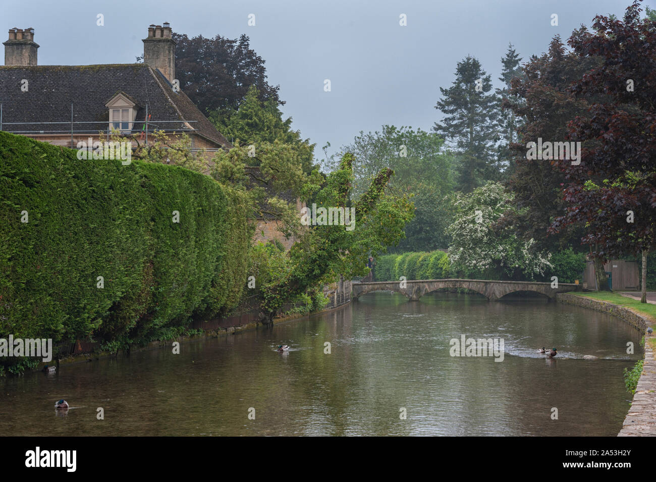Passerelle en pierre de l'autre côté de la rivière Windrush en Bourton-on-the-water, également connu comme la Venise du Cotswolds - Gloucestershire - Angleterre - Royaume-Uni Banque D'Images