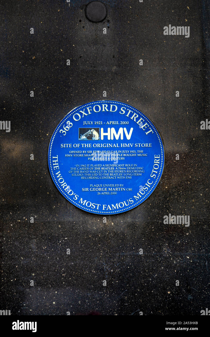 Blue plaque pour HMV sur le site de la plus célèbre music store, Oxford Street, London, UK Banque D'Images