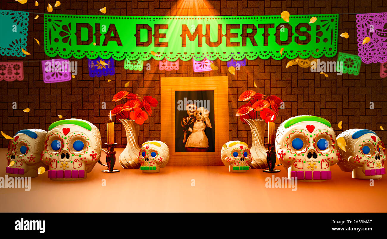 Le Jour des morts ofrenda mexicain avec une image et plusieurs crânes de sucre candy. Banque D'Images