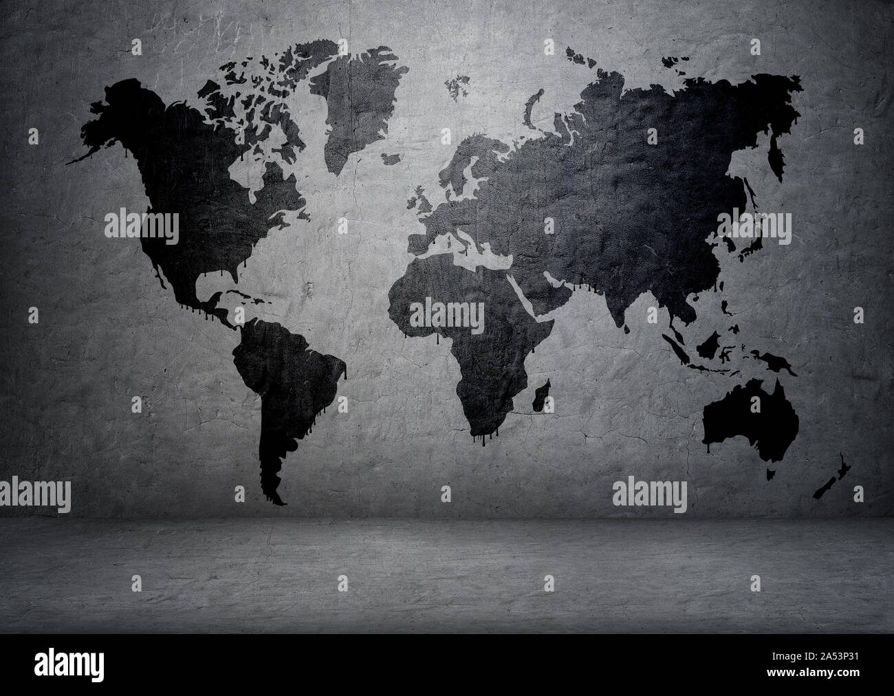 Carte du monde de couleur noir sur mur de béton Photo Stock - Alamy
