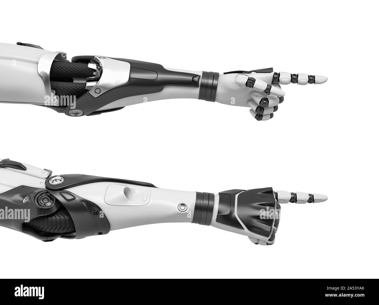 Le rendu 3d de deux robots les mains à pointer du doigt comme indiqué sur le palm et le dos de la main. Banque D'Images