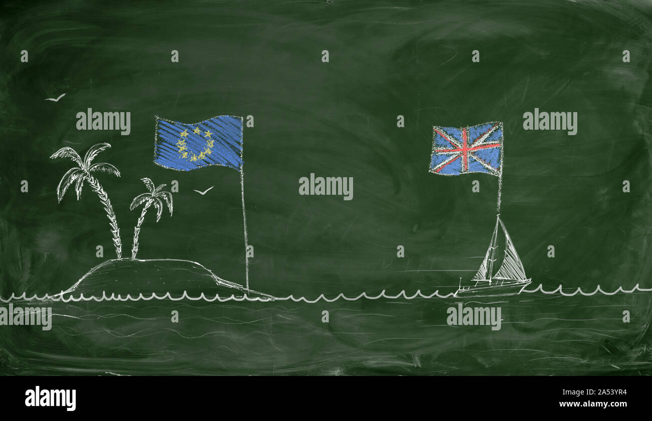 Dessin à la craie d'expédier avec drapeau britannique piscine loin de l'île de l'Union européenne Banque D'Images