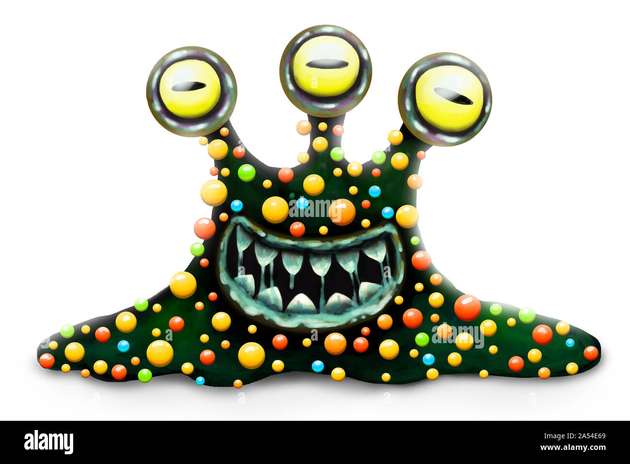Drôle et effrayant monstre bactérie, caricature héros jouet pour enfants pour Halloween, isolé sur fond blanc. Crasseux, sobriété, de nombreux yeux de caractère. Banque D'Images
