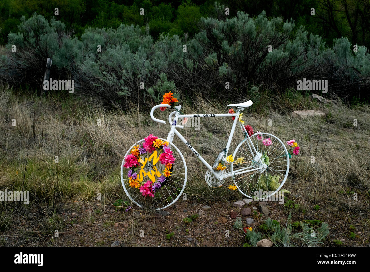 NM00113-00...NOUVEAU MEXIQUE - Ghost Bike près du lac Roberts le long de la State Highway 35, Grant Comté. Un fantôme vélo est mémorial pour un cycliste. Banque D'Images