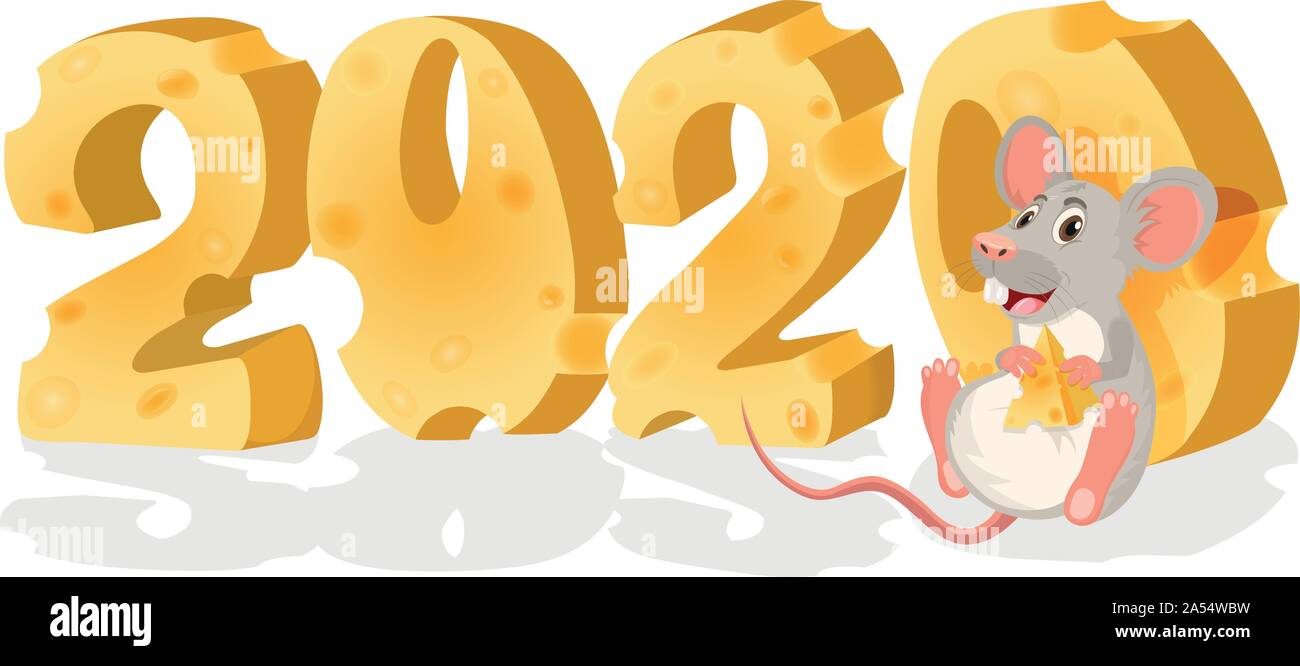 2020 année de la souris. Cute cartoon rat est titulaire du fromage. Illustration de Vecteur