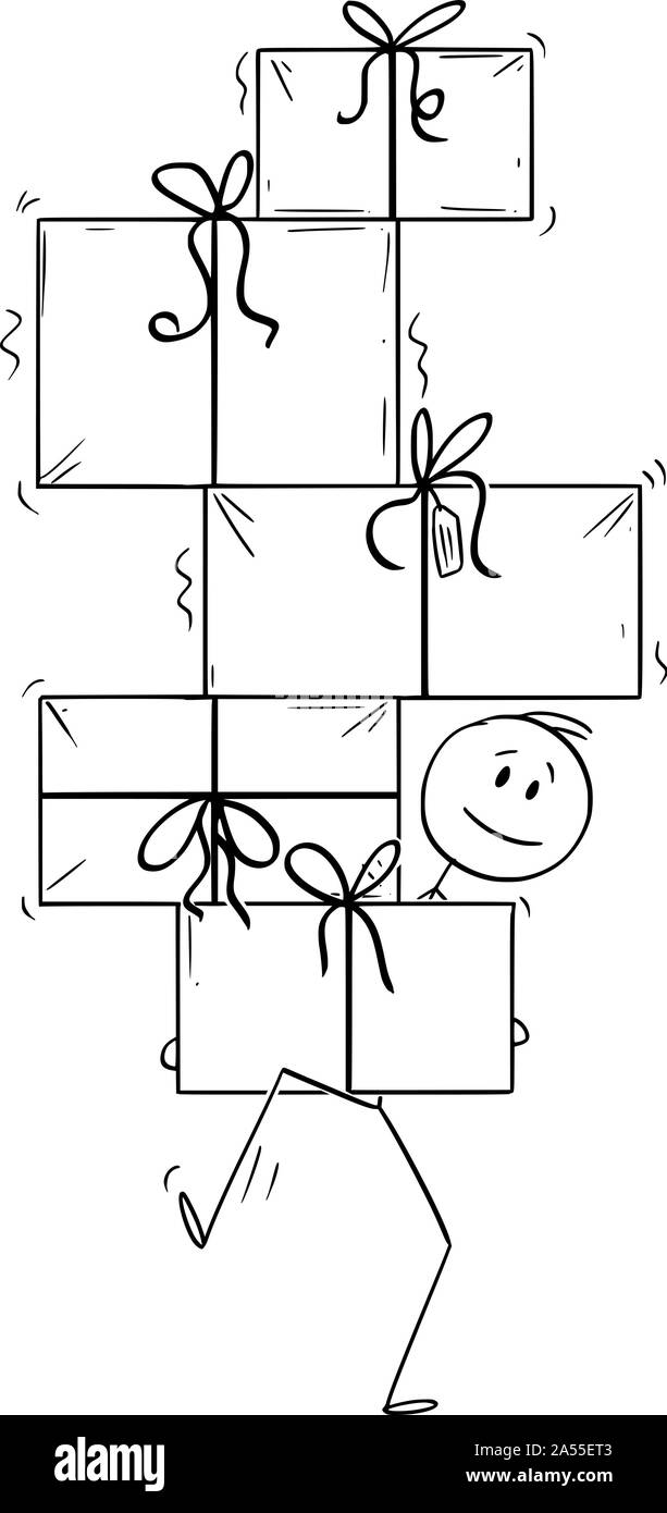 Vector cartoon stick figure dessin illustration conceptuelle de l'homme l'exécution ou l'équilibre entre gros tas de cadeaux de Noël ou d'anniversaire. Illustration de Vecteur