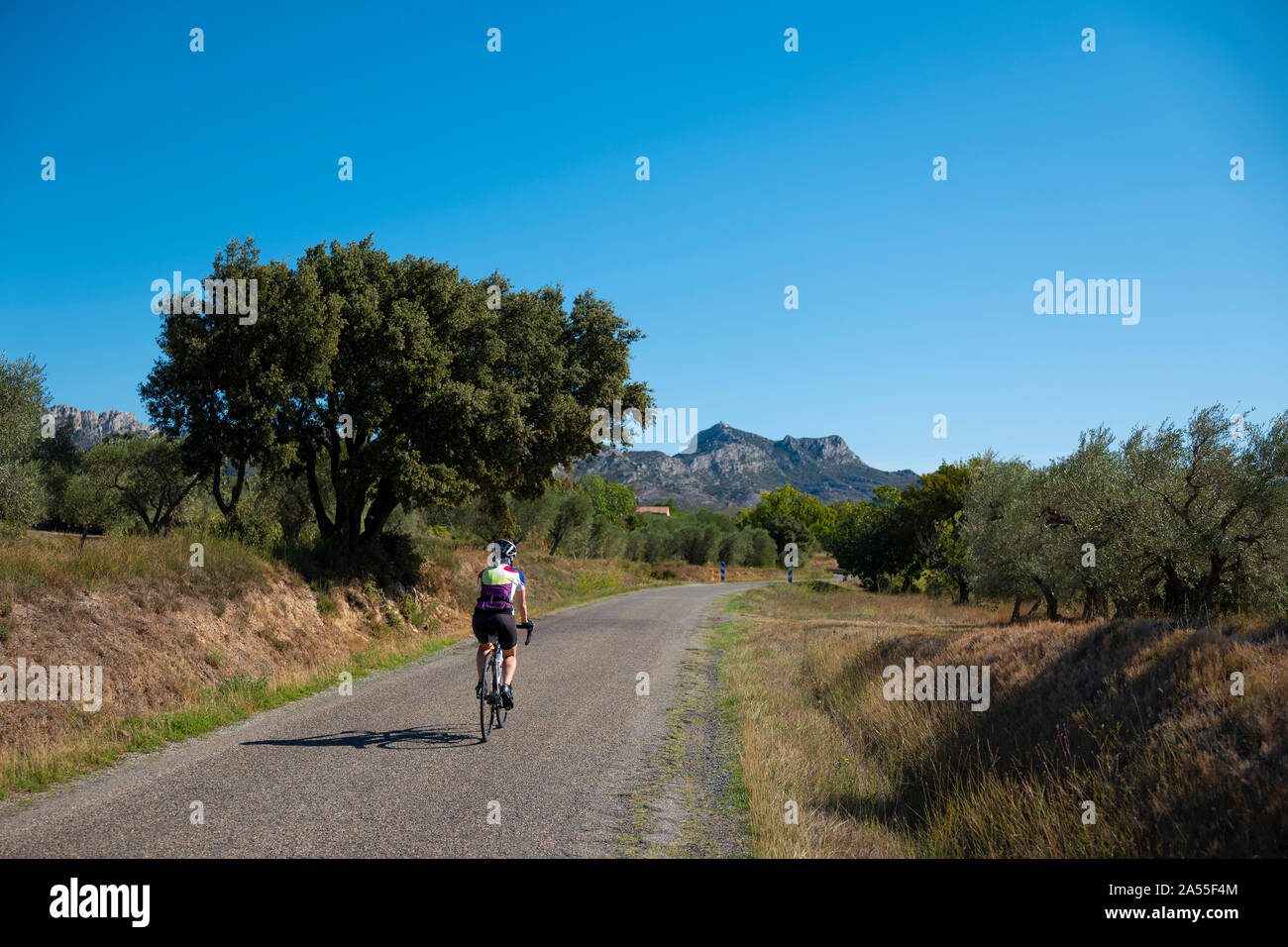 Cycliste féminine, randonnée à vélo près de Aureille en Provence, France. Banque D'Images