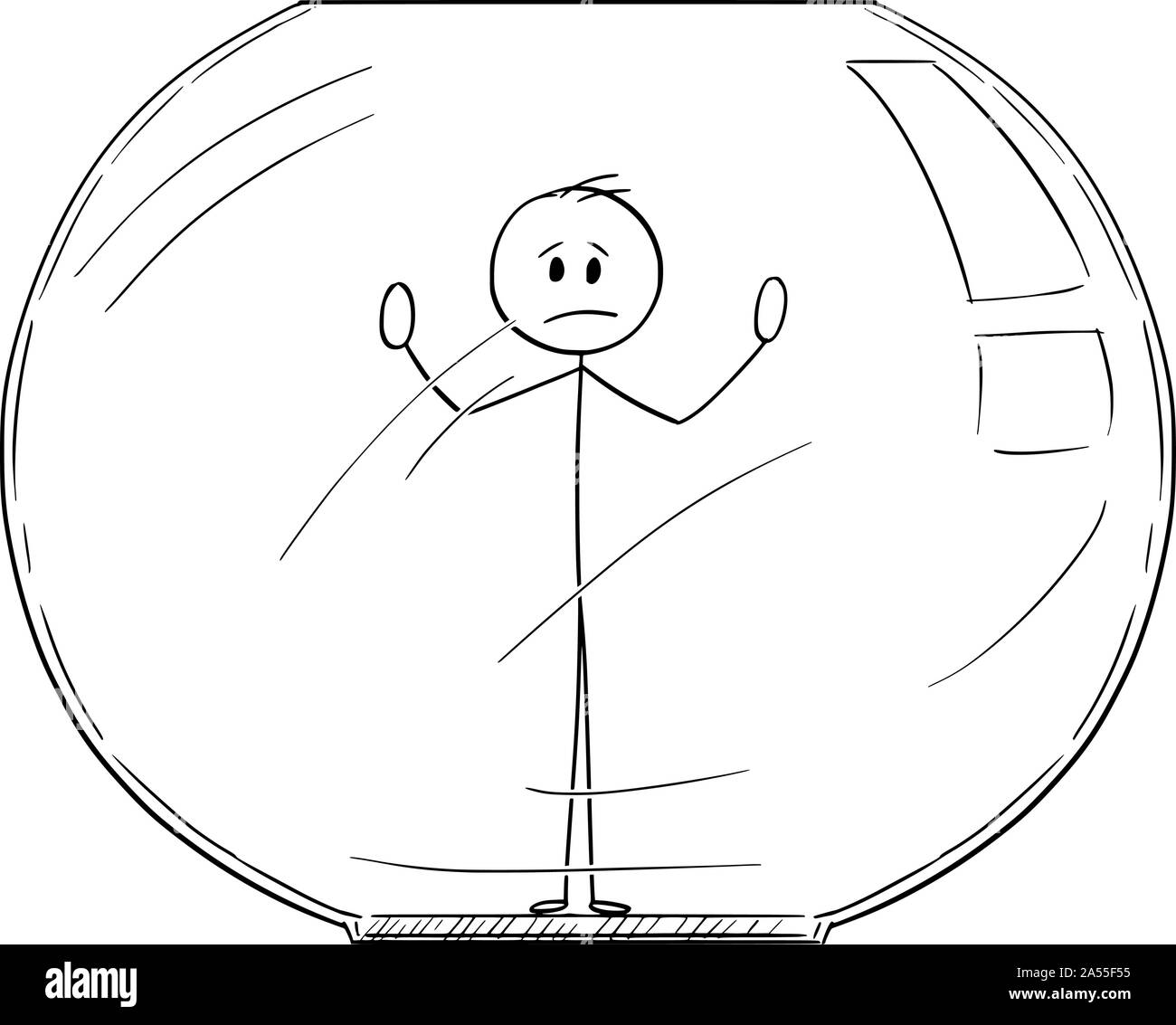 Vector cartoon stick figure dessin illustration conceptuelle de l'homme ou homme coincé à l'intérieur ou de l'Aquarium fish tank. De l'entreprise Concept psychiatrique. Illustration de Vecteur