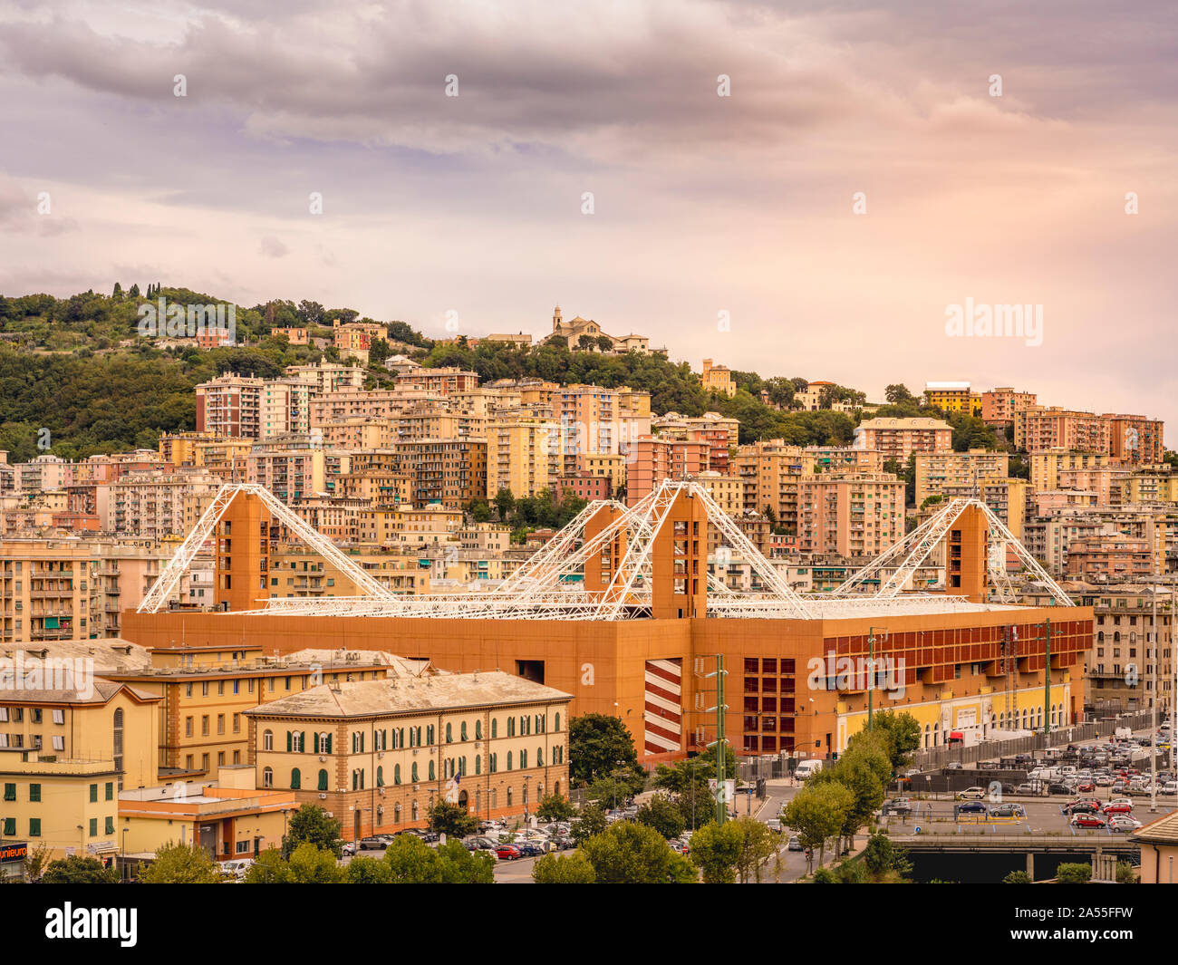 Vue de Gênes et les équipes de soccer stadium Sampdoria de Gênes Marassi en Italie. Banque D'Images