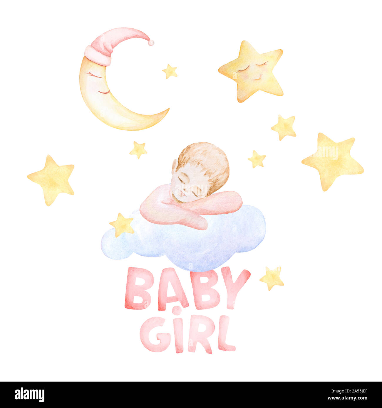 Les enfants s'imprime. Baby Girl sleeping sur le cloud. Nouveau-né. La lune, les étoiles le sommeil. Aquarelle.fond blanc. La qualité d'impression. Banque D'Images