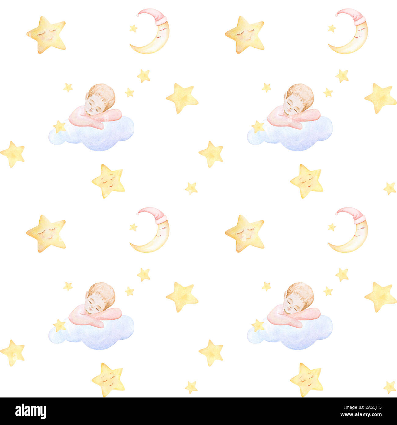 Bébé sans motif. Les enfants s'imprime. Bébé dort sur le cloud. Nouveau-né. La lune, les étoiles le sommeil. L'aquarelle. Arrière-plan blanc. La qualité d'impression Banque D'Images