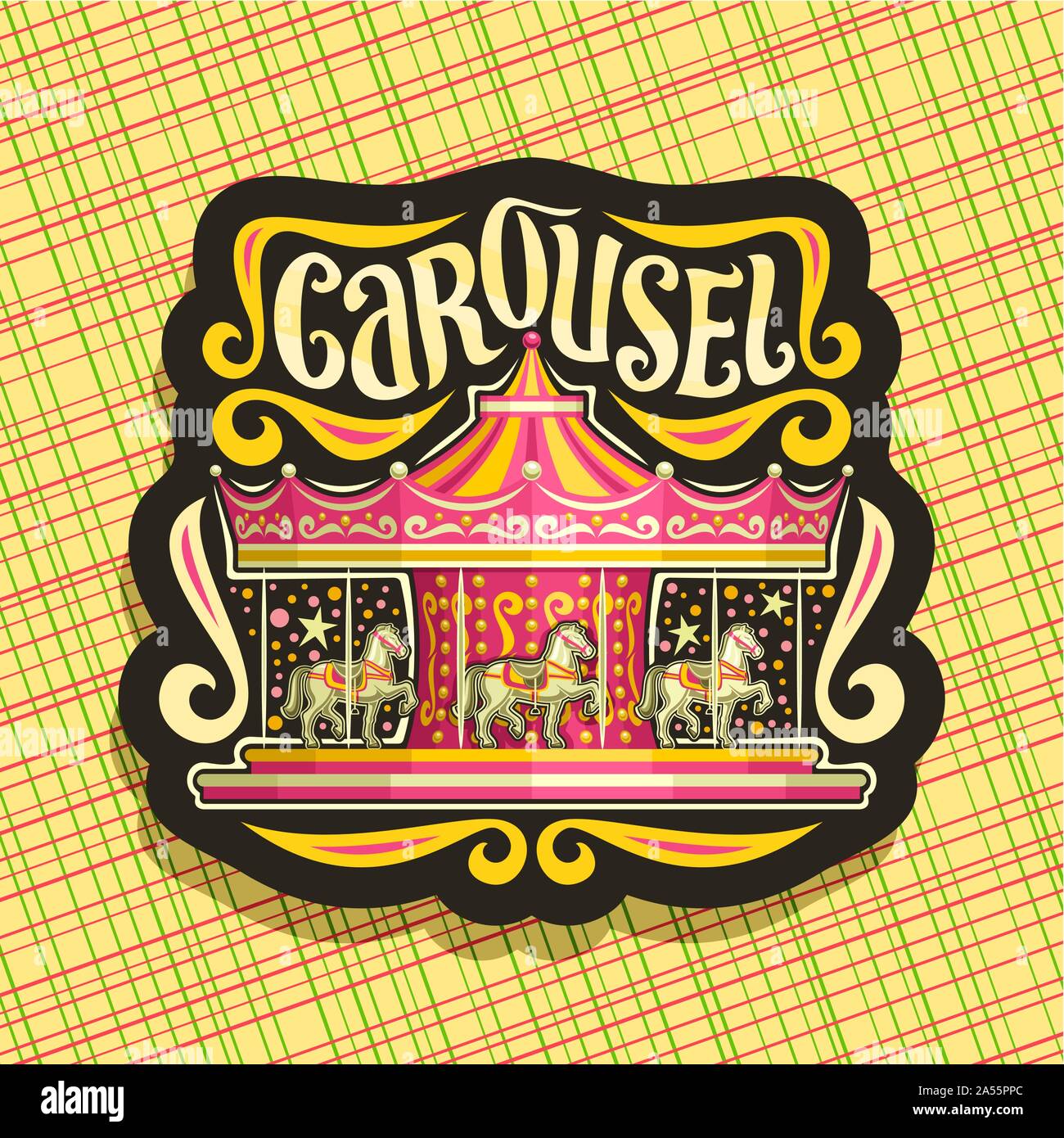 Logo vector for children's Carousel, dark signer avec merry go round attraction avec chevaux en parc d'origine, caractère brosse pour mot carousel Illustration de Vecteur