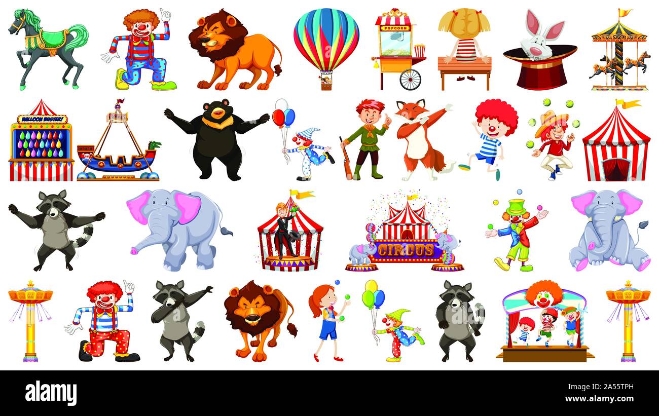 Collection de différents animaux de cirque, attractions et événements illustration Illustration de Vecteur